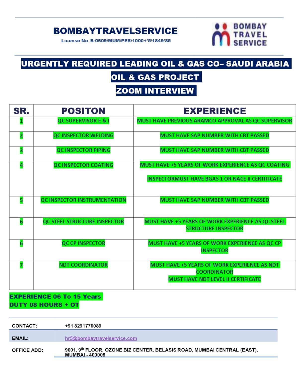 Urgent Hiring For A Leading Oil & Gas Co Projcect