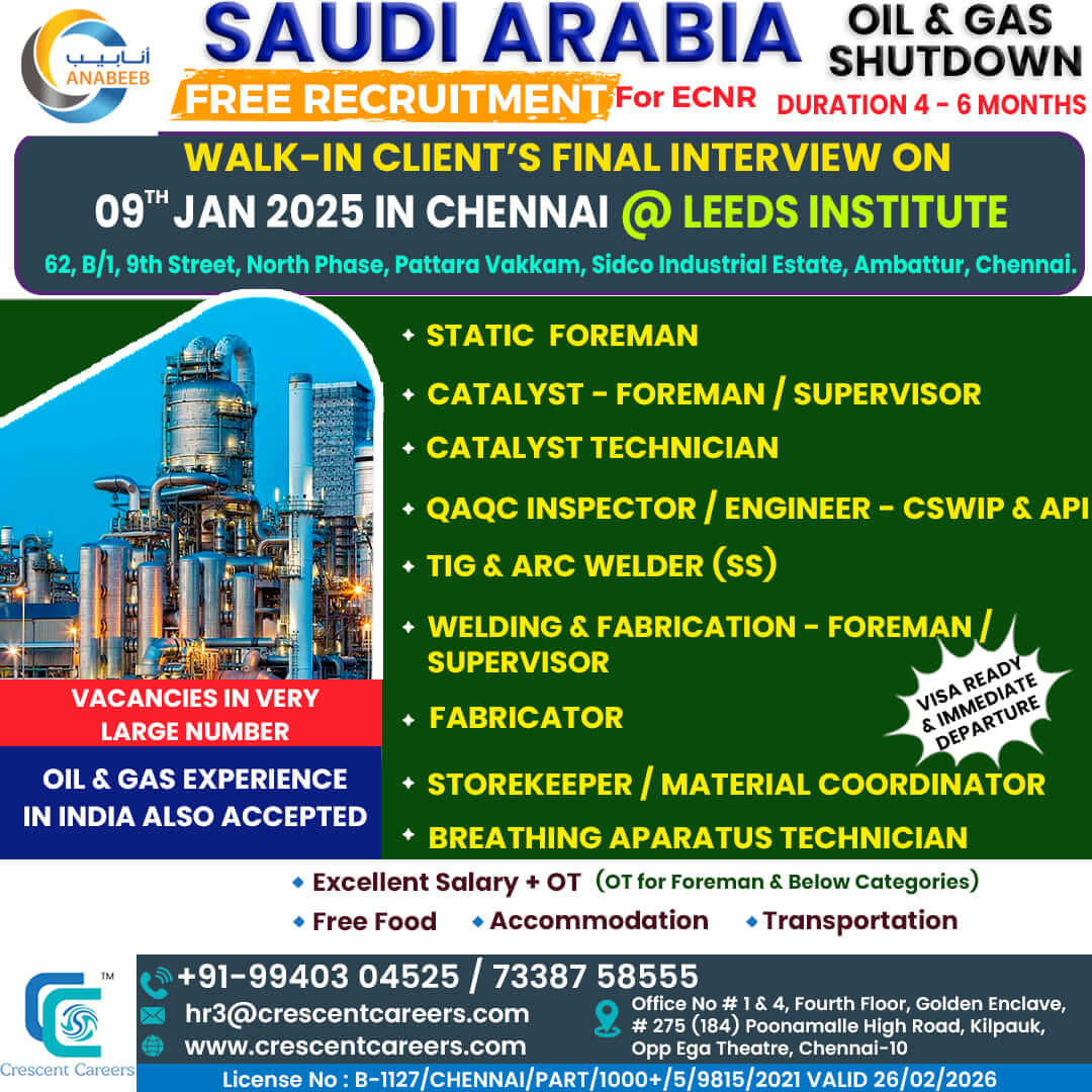 OIL AND GAS SHUTDOWN - FREE RECRUITMENT FOR SAUDI ARABIA