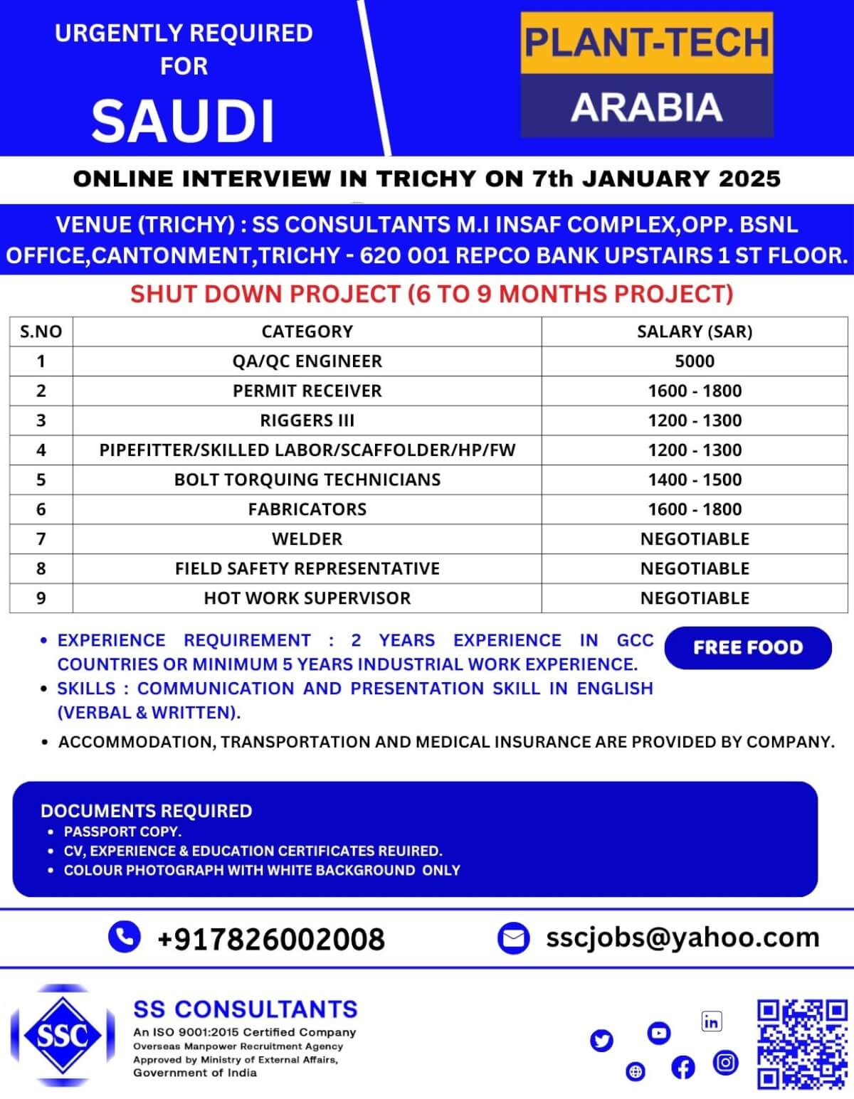 Plant-Tech Arabia Shutdown Project Jobs in Saudi | Online Interview in Trichy on 7th January 2025