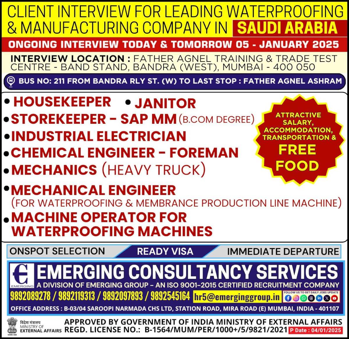 Face to Face Client Interview on  5 January 2025 at Bandra (W) Mumbai  for Leading Waterproofing & Manufacturing Company in Saudi Arabia