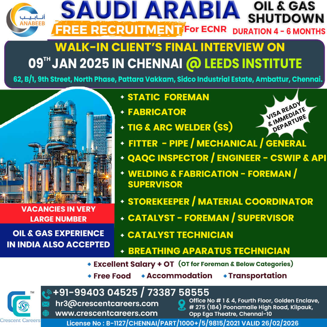 OIL & GAS SHUTDOWN - FREE RECRUITMENT FOR SAUDI ARABIA (ANABEEB)