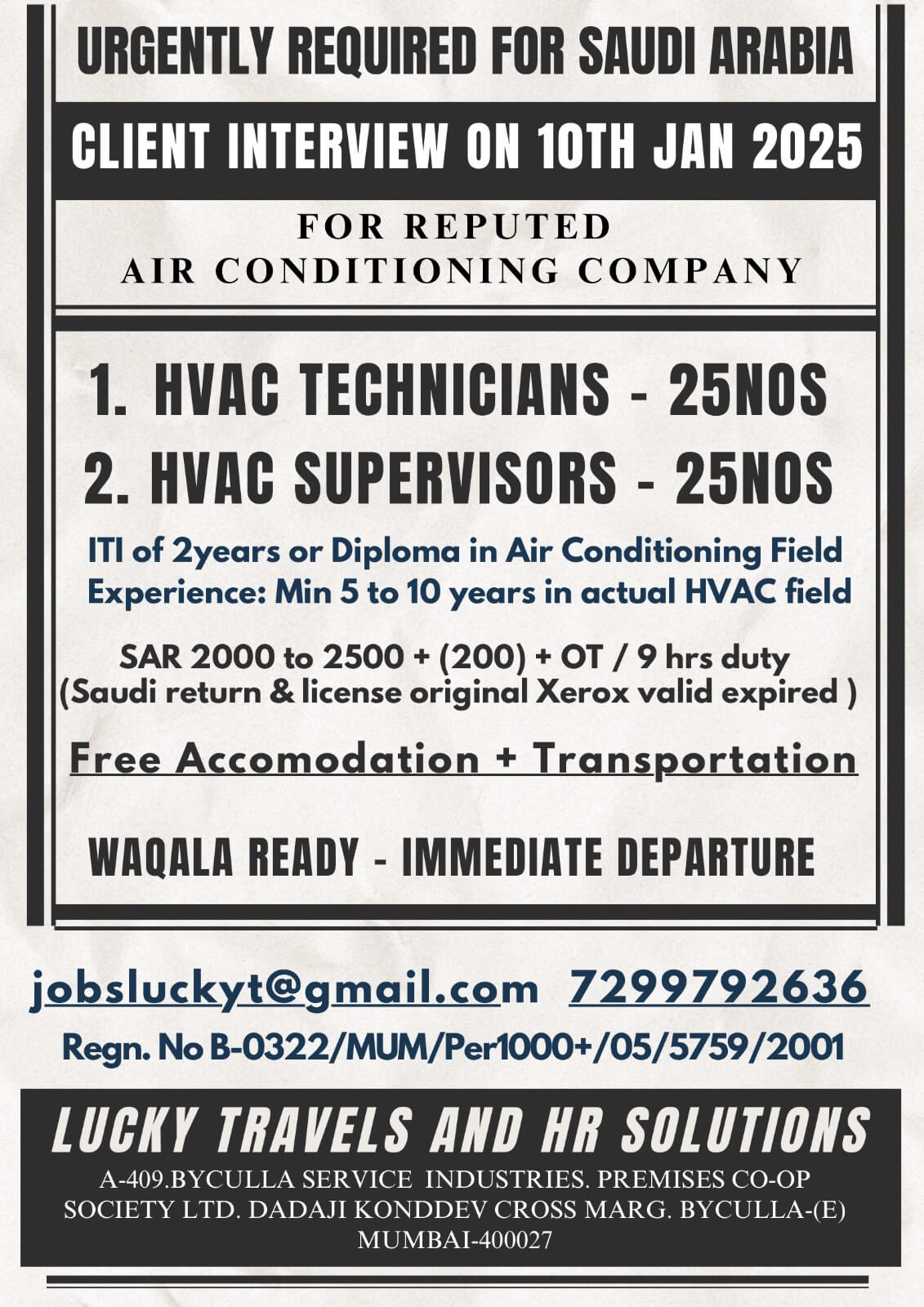 HVAC TECHNICIAN / CHILLER TECHNICIAN  - CLIENT INTERVIEW ON 10TH JANUARY 2025 FOR REPUTED COMPANY AT SAUDI ARABIA / 7299792636