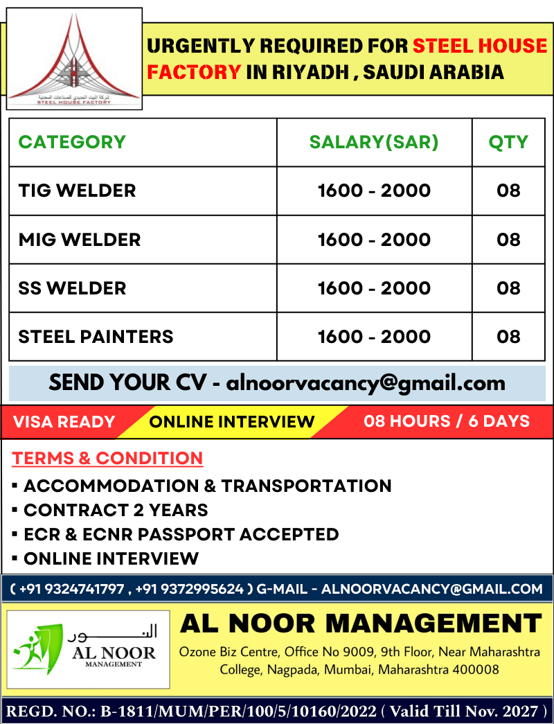 URGENTLY REQUIRED FOR STEEL HOUSE FACTORY IN RIYADH , SAUDI ARABIA