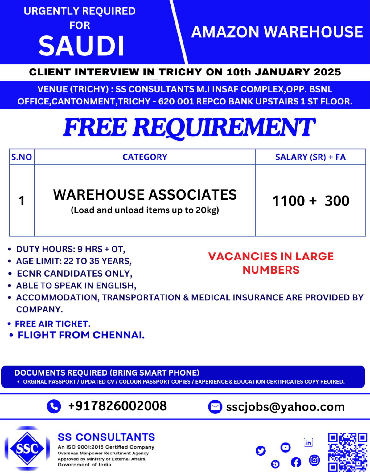 Urgent Hiring for Amazon Warehouse Jobs in Saudi – Walk-In Interview in Trichy on Jan 10 - Free Recruitment