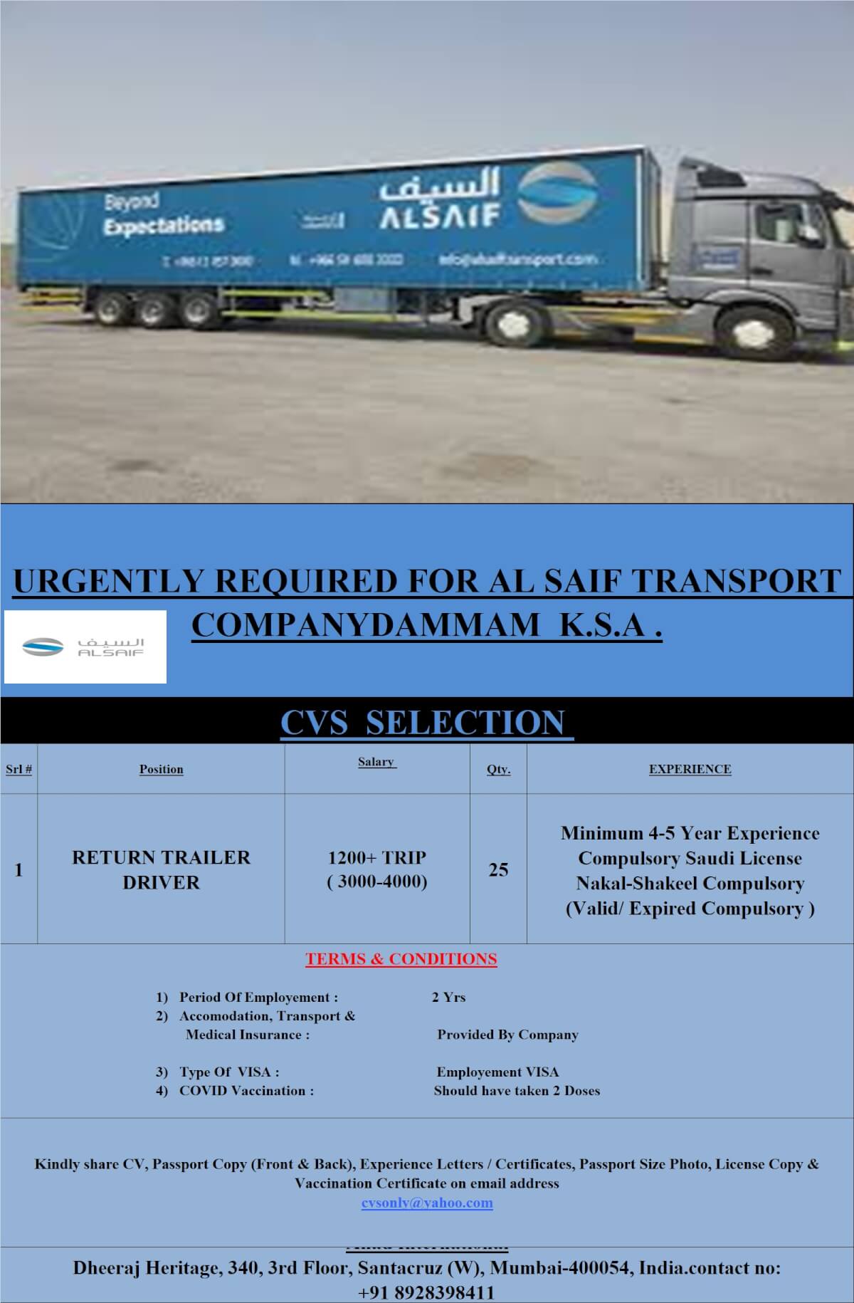 URGENTLY REQUIRED FOR AL SAIF TRANSPORT COMPANY DAMMAM K.S.A.