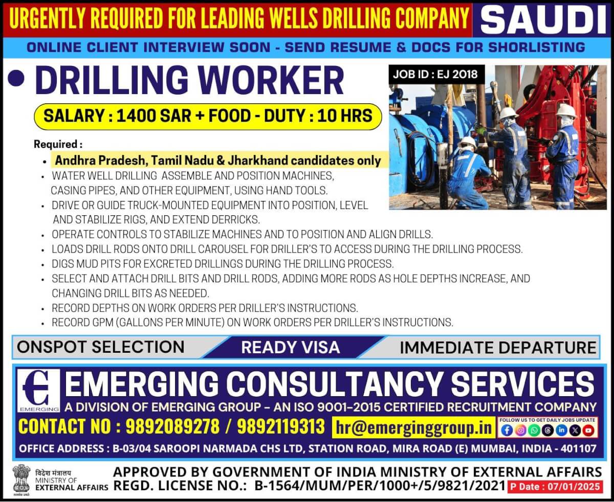 Urgently Required for Leading Wells Drilling Company in Saudi Arabia  - Shortlisting in Progress