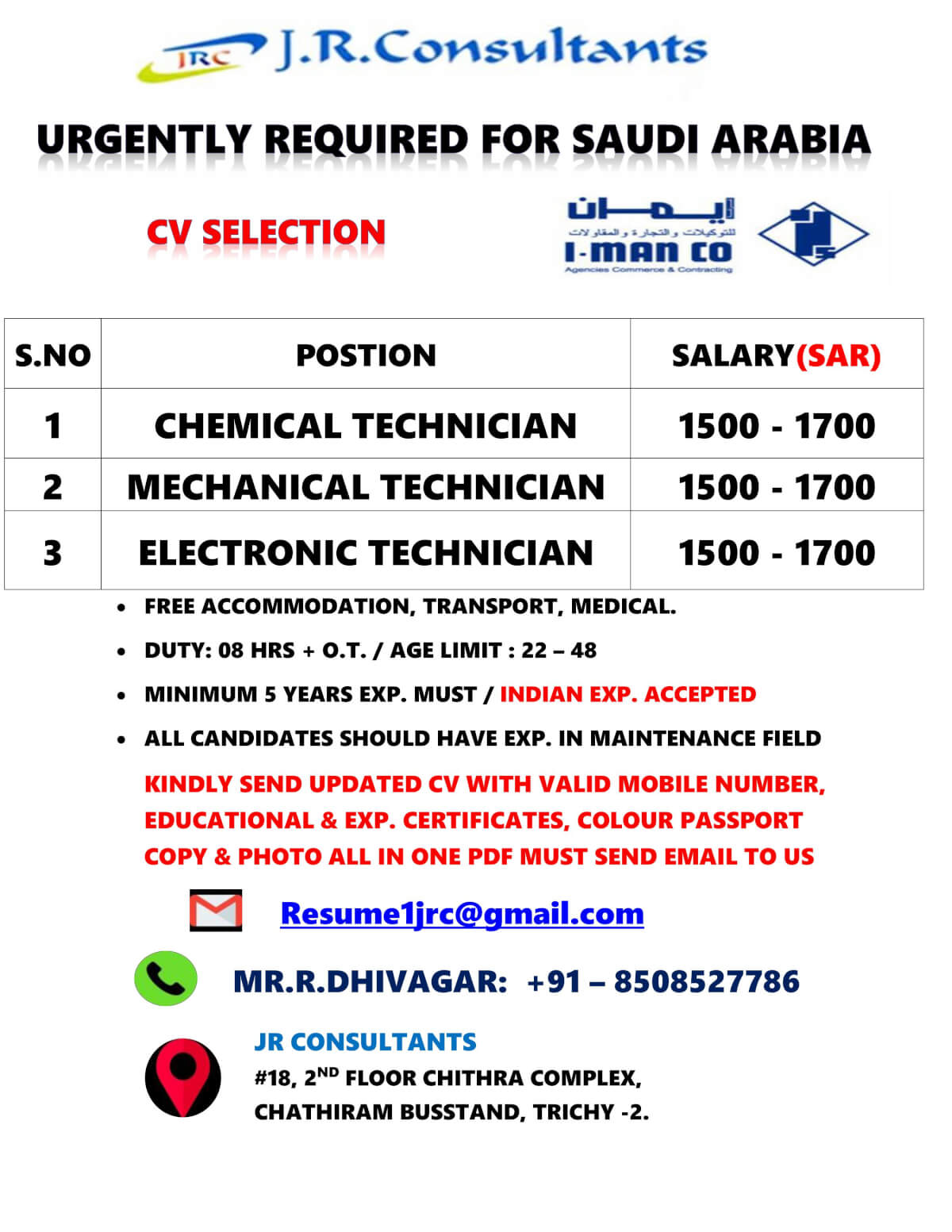 URGENTLY REQUIRED FOR SAUDI ARABIA