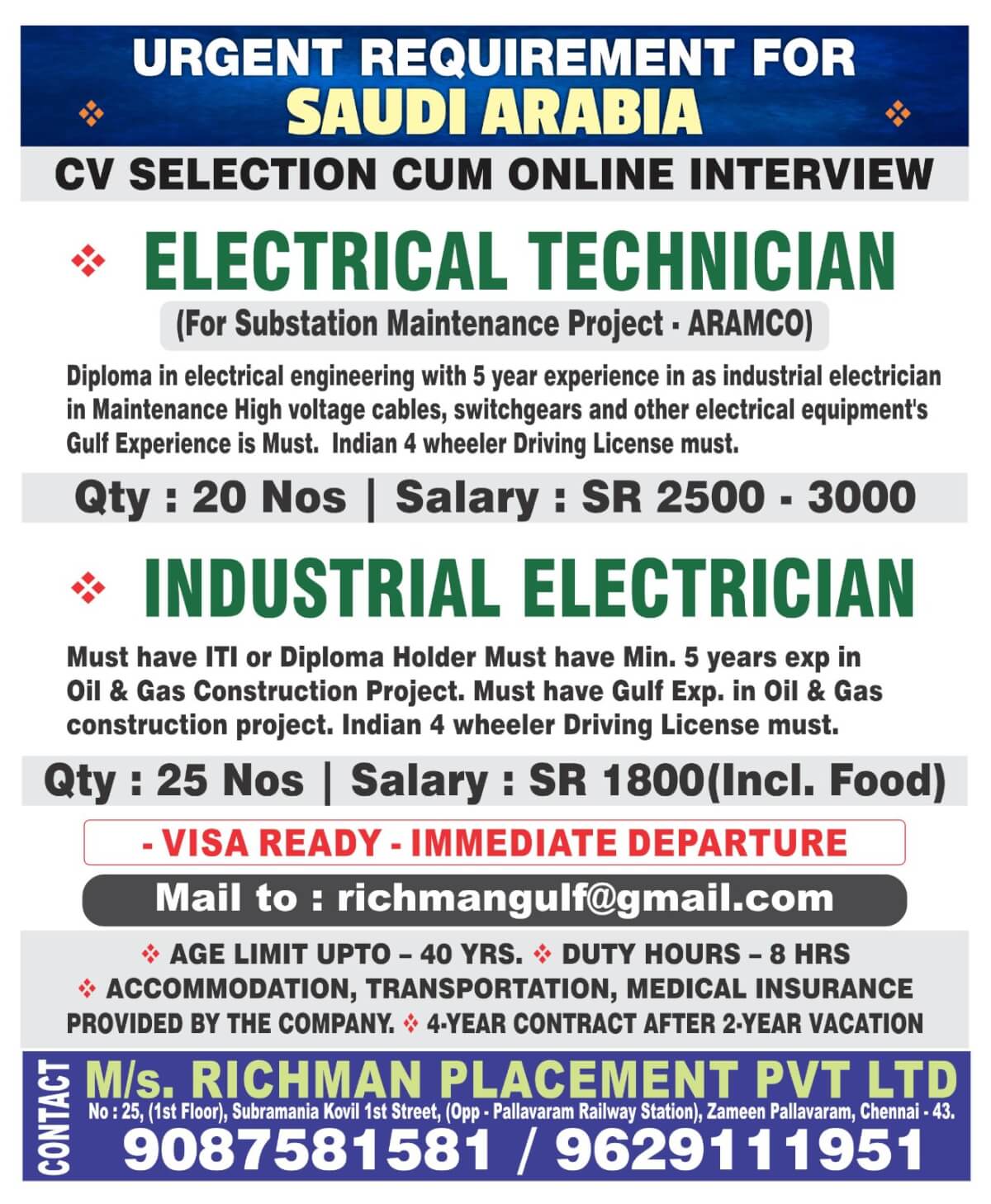 URGENTLY REQUIRED FOR A LEADING COMPANY IN SAUDI ARABIA