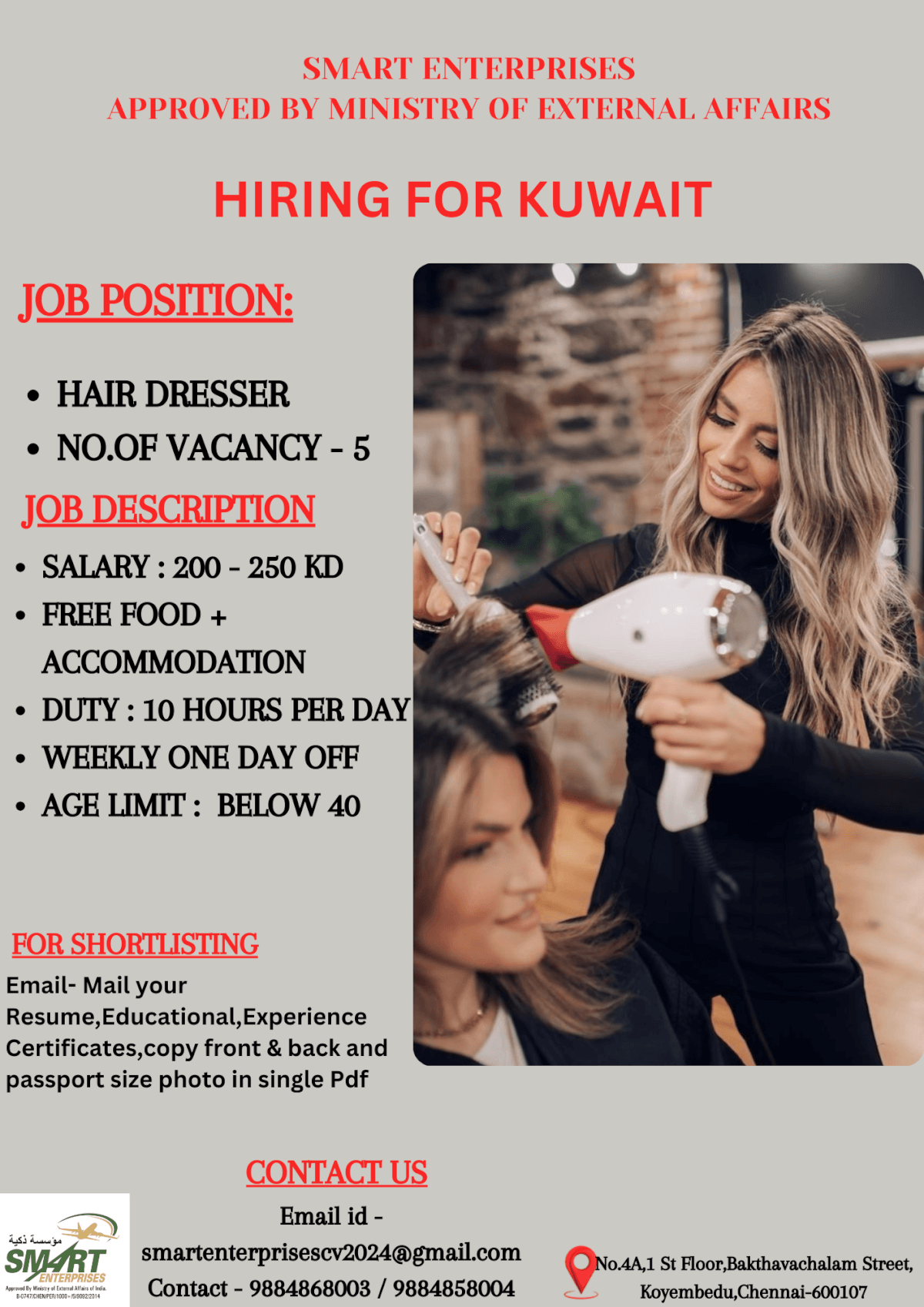 URGENT REQUIREMENT FOR KUWAIT - FEMALE HAIR DRESSER