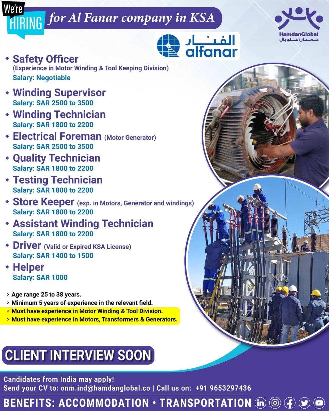 We are hiring for Al Fanar Company In KSA