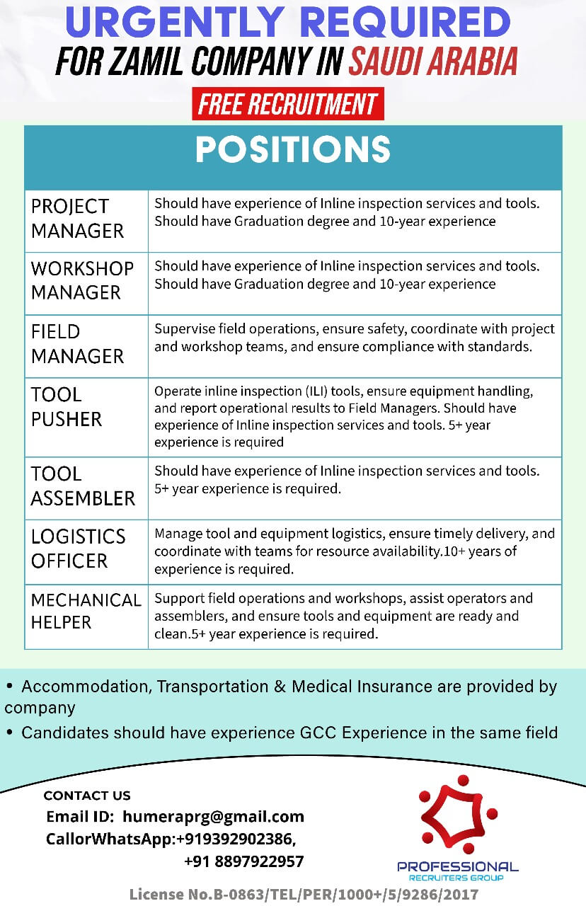 URGENTLY HIRING FOR ZAMIL Groups Pipeline - Saudi Arabia