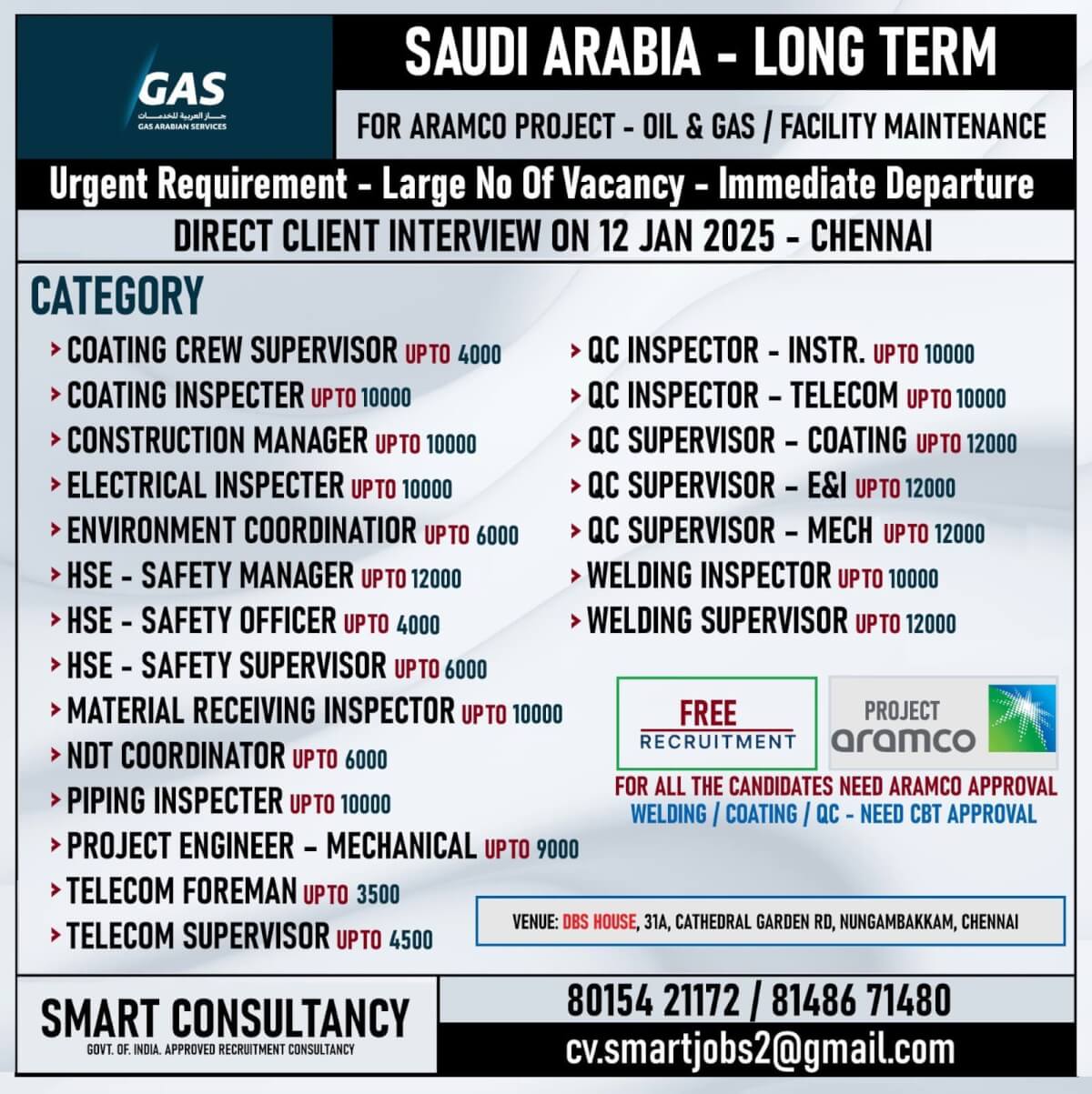 WANTED FOR A LEADING OIL & GAS COMPANY - SAUDI ARABIA - / DIRECT CLIENT INTERVIEW ON 12 JAN 2025 - CHENNAI