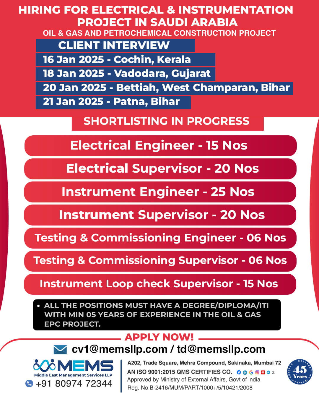 Hiring for Electrical & Instrumentation Project in Saudi Arabia