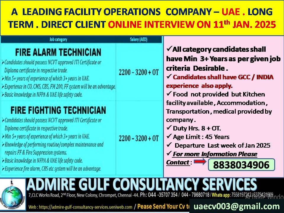 A  LEADING FACILITY OPERATIONS - UAE - LONG TERM . DIRECT CLIENT ONLINE INTERVIEW ON 11th JAN 2025