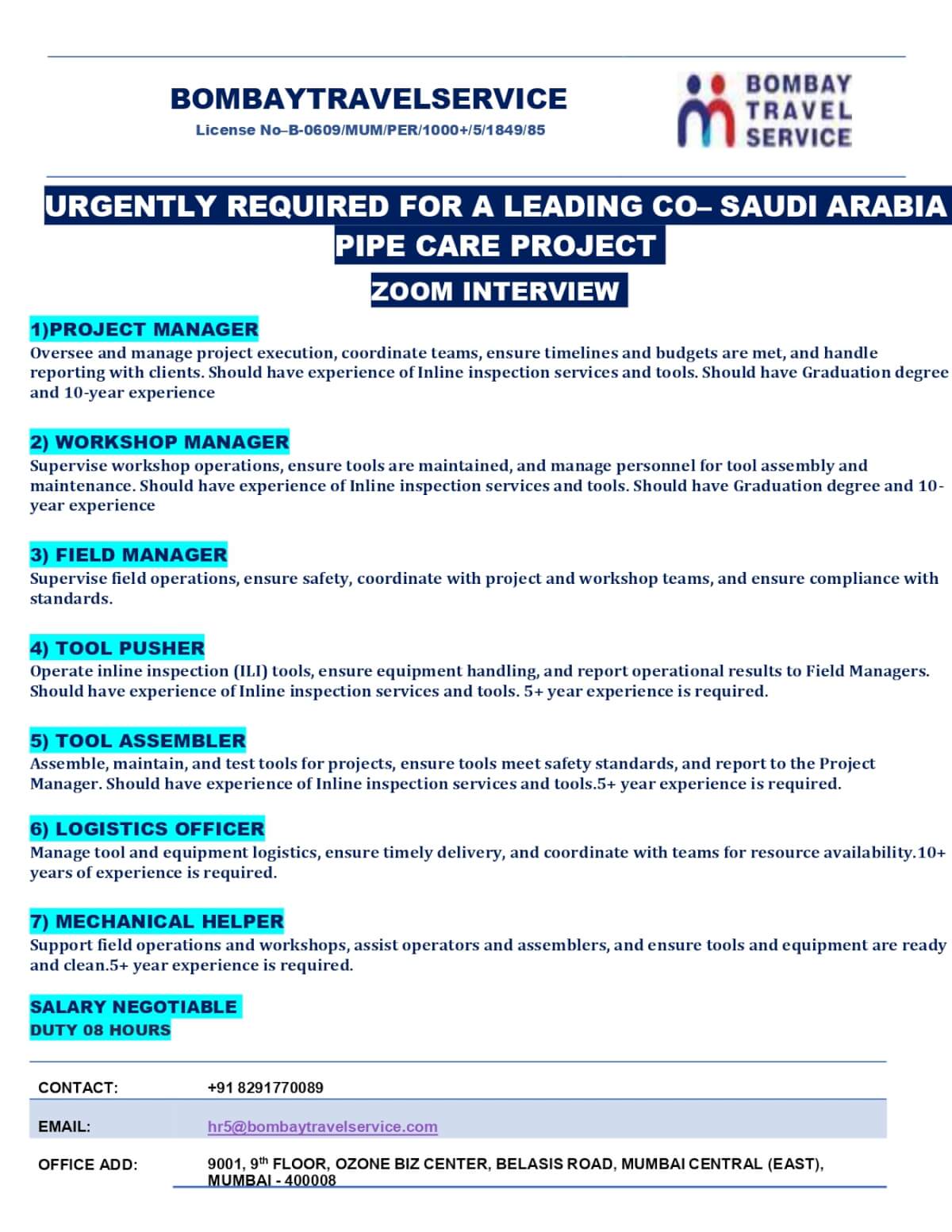 Urgently Hiring For Saudi Arabia