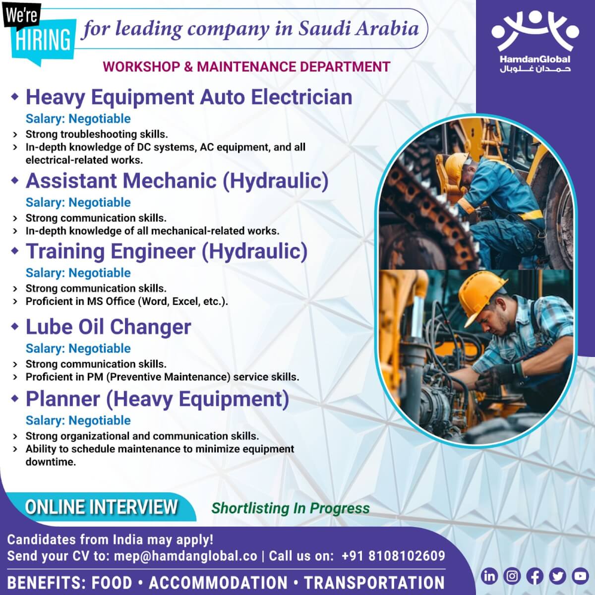 We are hiring for workshop and maintennace department