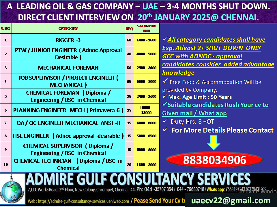 A LEADING OIL & GAS COMPANY  - UAE - 3-4 MONTHS SHUT DOWN . DIRECT CLIENT INTERVIEW ON 20th JAN. 2025 @ CHENNAI