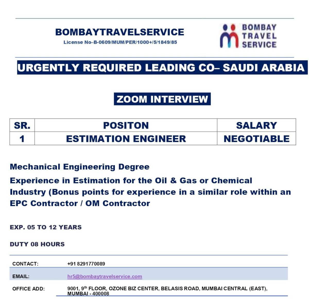 Urgent Hiring Mechanical Estimate Engineer For Saudi Arabia