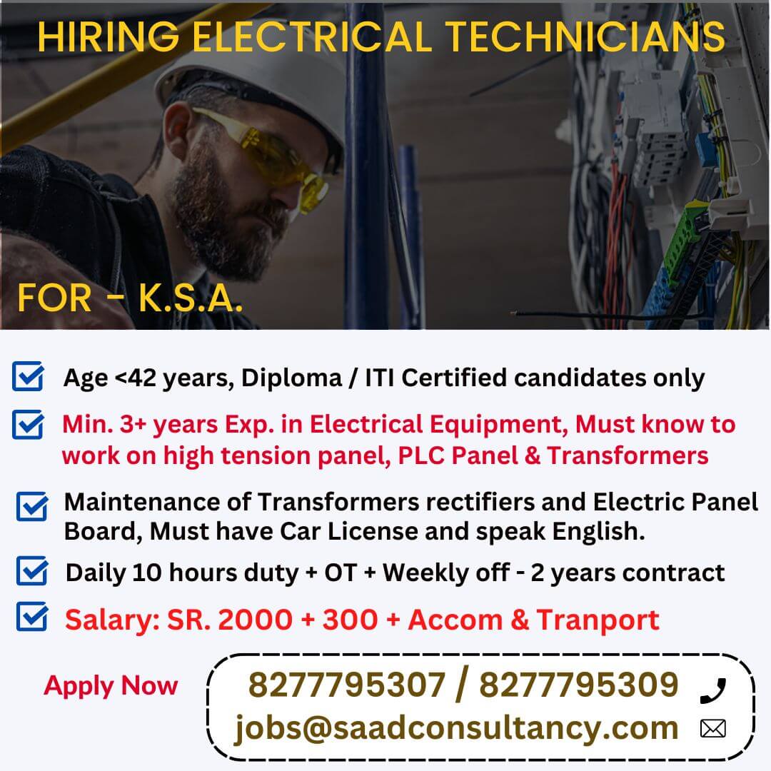 hiring INDUSTRIAL ELECTRICIANS for SAUDI