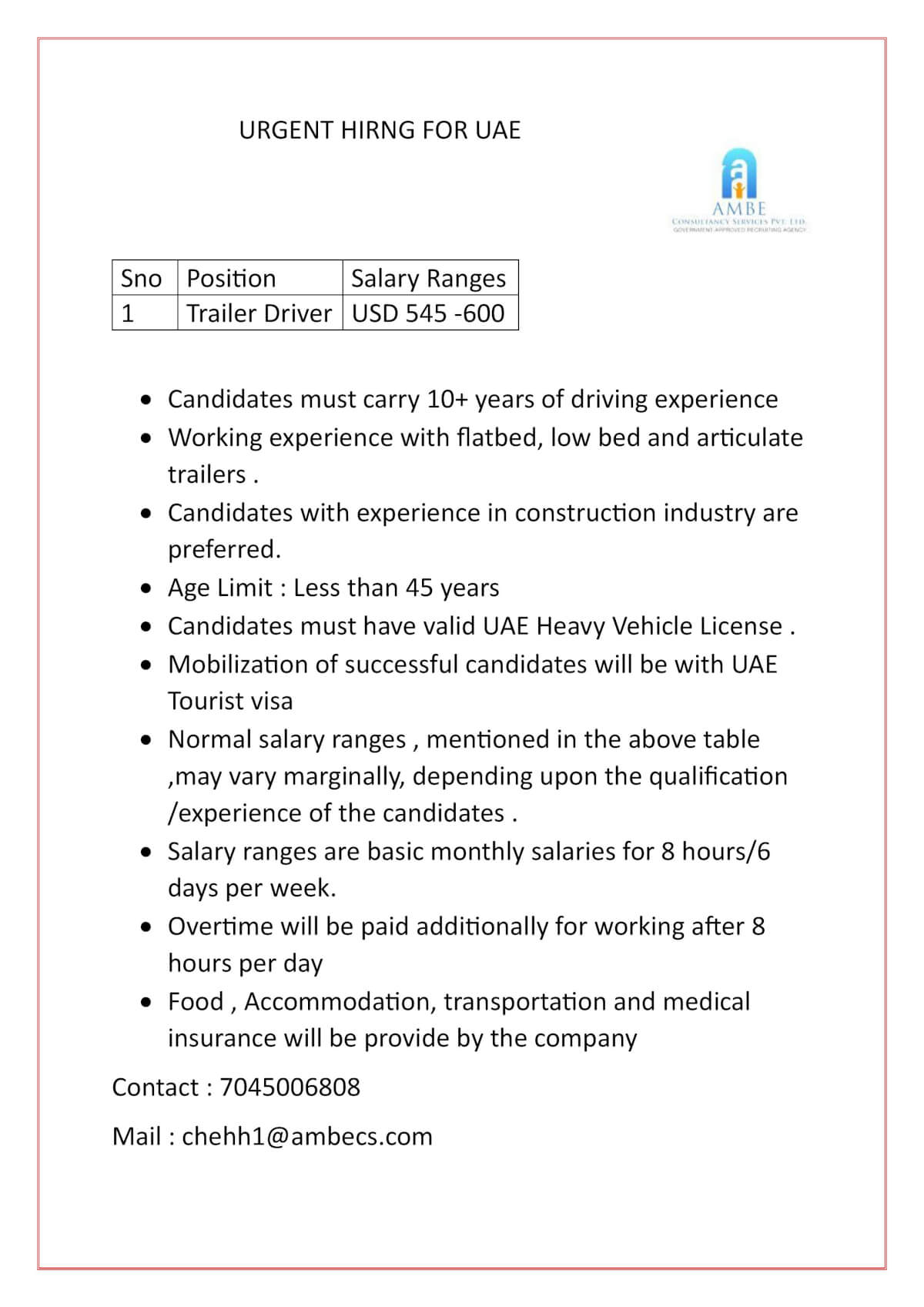 Urgent Hiring for Dubai