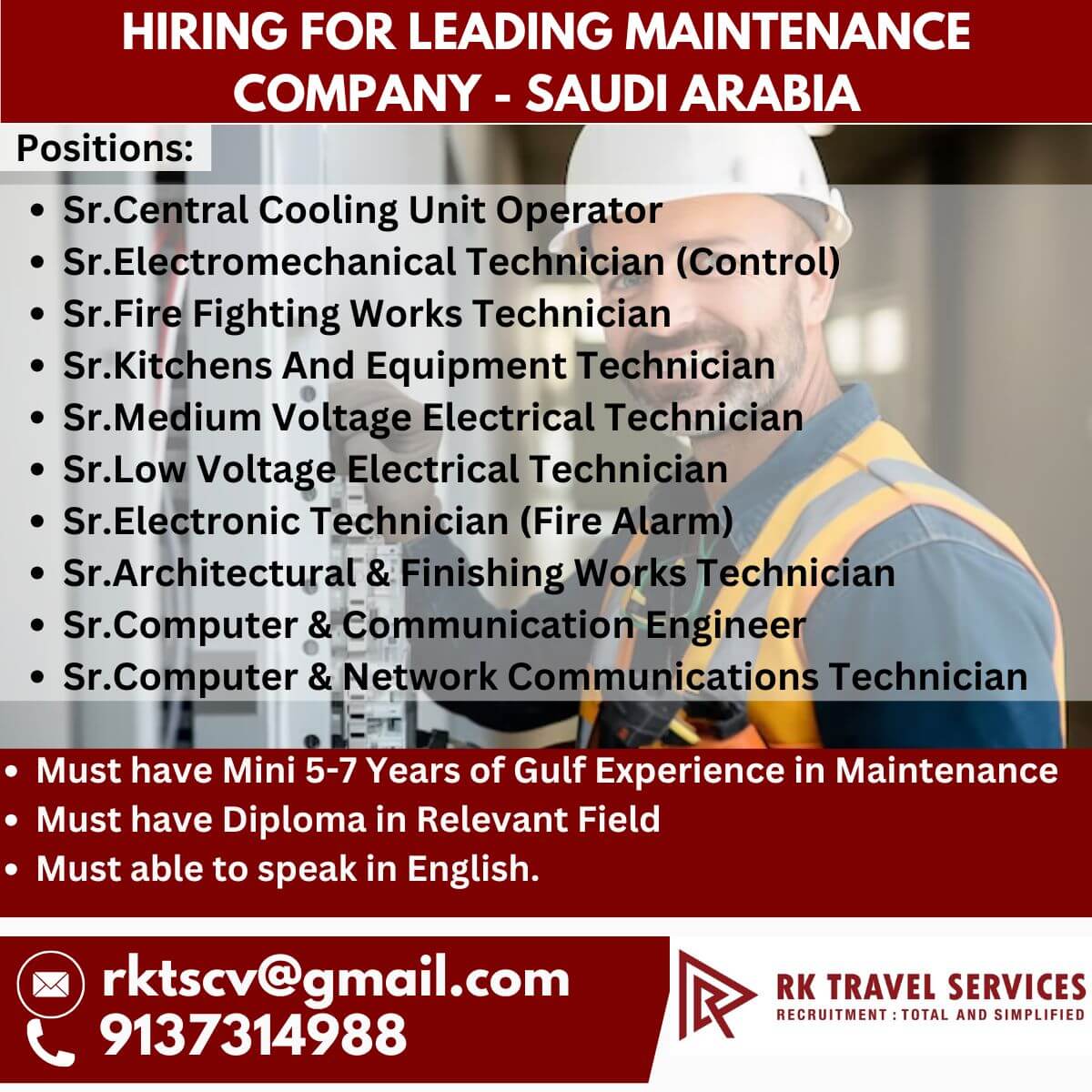 HIRING FOR LEADING MAINTENANCE COMPANY - SAUDI ARABIA