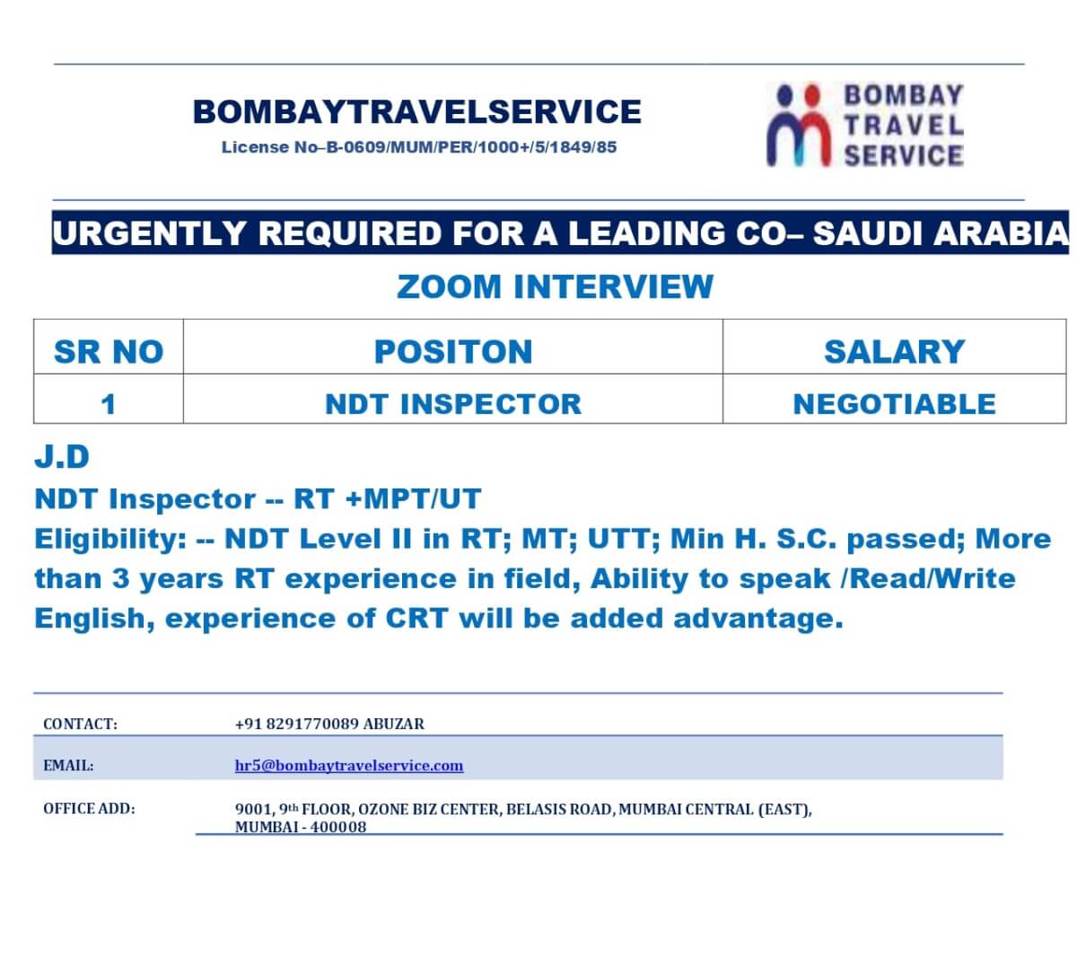 Urgently Hiring For Saudi Arabia