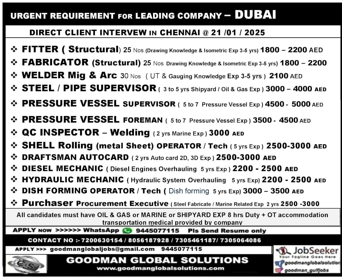 URGE URGENT REQUIREMENT FOR LEADING COMPANY – ABUDHABI  DIRECT CLIENT INTERVEW IN CHENNAI @ 21 /01 / 2025  All candidates must have OIL & GAS or MARINE or SHIPYARD EXP 8 hrs Duty + OT accommodation transportation medical provided by company