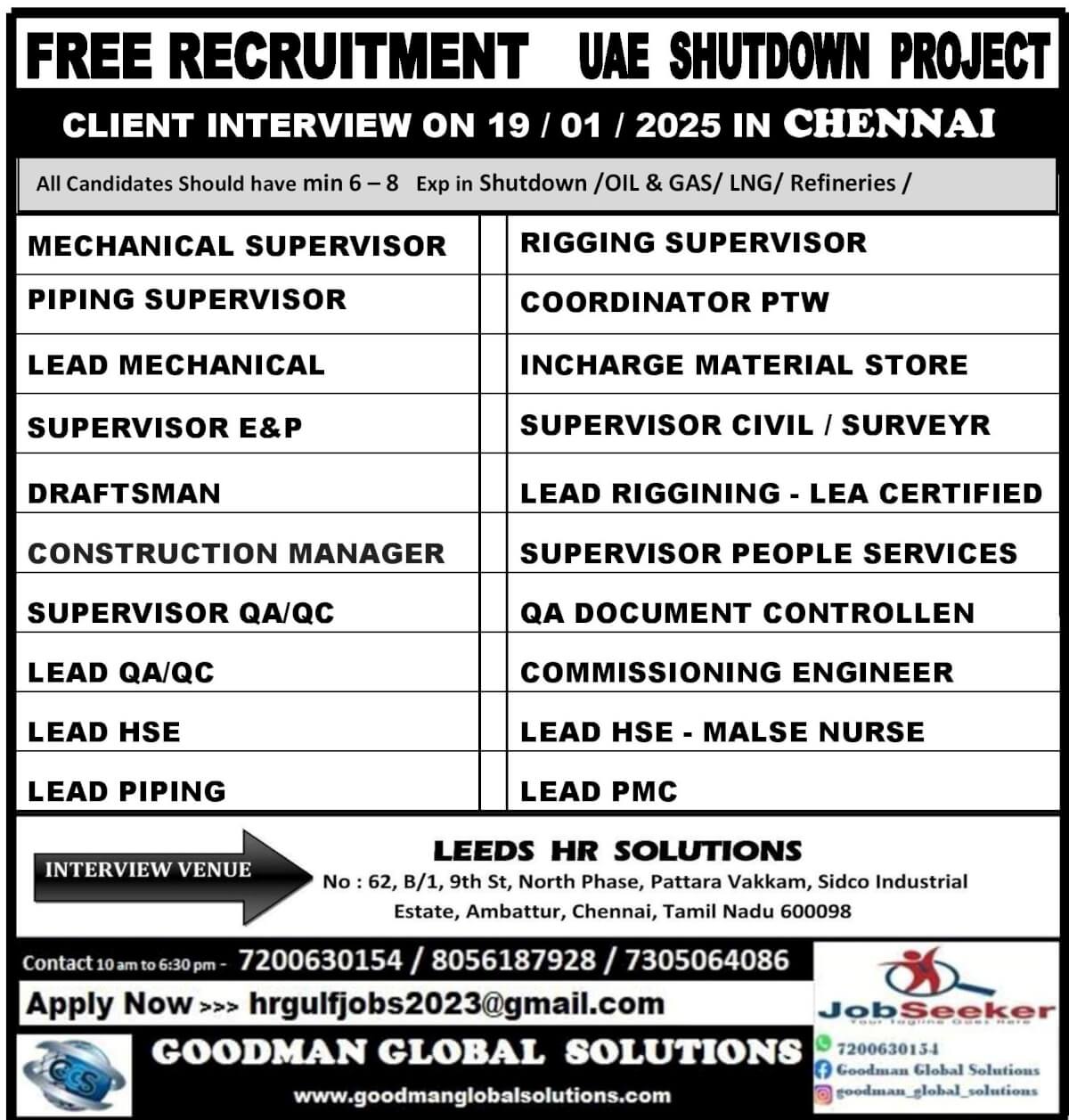 98 GOODMAN GLOBAL SOLUTIONS        FREE REQUITEMENT SHUTDOWN OIL & GAS PROJECT – UAE DIRECT CLIENT INTERVEW IN CHENNAI @ 19 /01 / 2025  PER DAY SALARY 70 to 600 AED  FREE  FOOD  &  Accommodation, Transport, & Medical