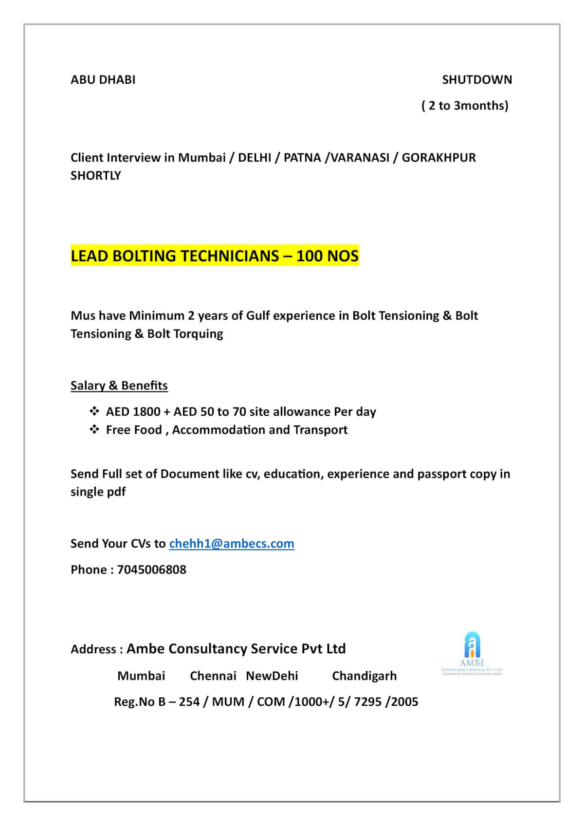 urgent hiring for Abu - Dhabi