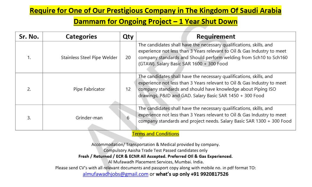 Require for Ongoing Project in Dammam - KSA - 11 Month Shut Down (Work Visit) Visa