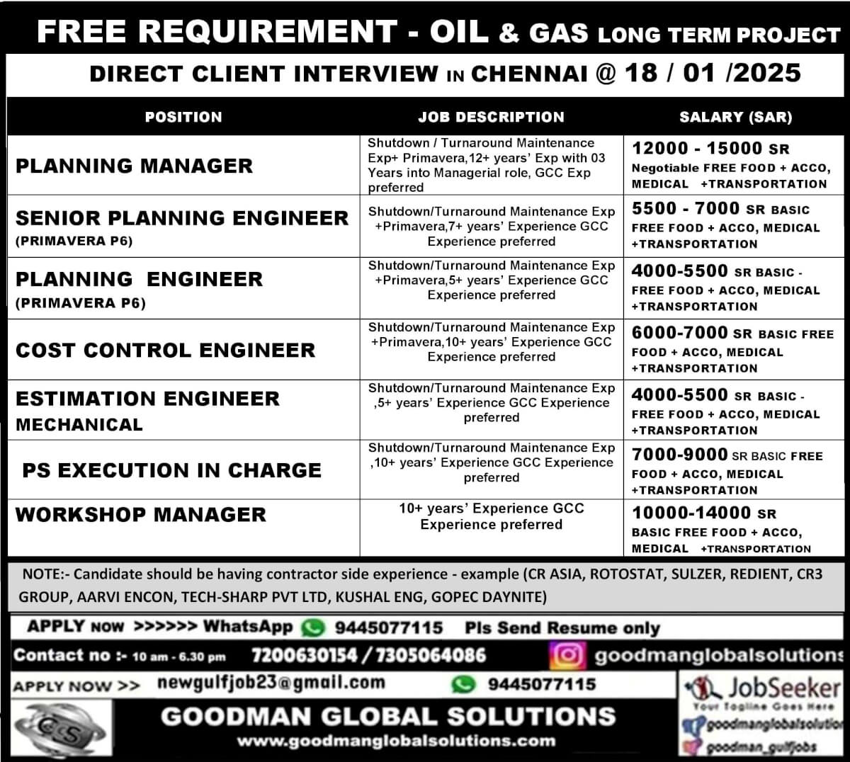 FREE REQUITEMENT -  OIL & GAS  LONG TERM PROJECT SAUDI ARABIA DIRECT CLIENT INTERVIEW IN CHENNAI @ 18 / 01 / 2025  All Candidates should have Experience in Oil & Gas Project