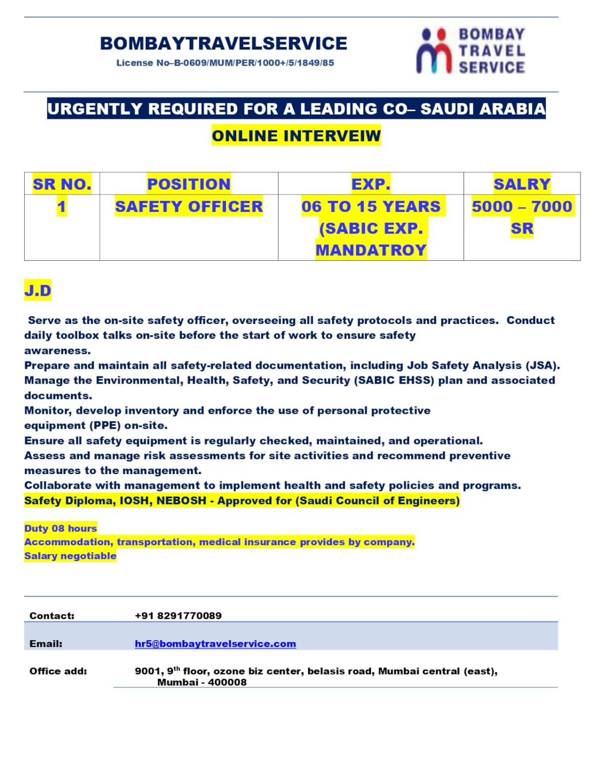 Urgently Hiring  Safety Officer For A Leading Co Saudi Arabia