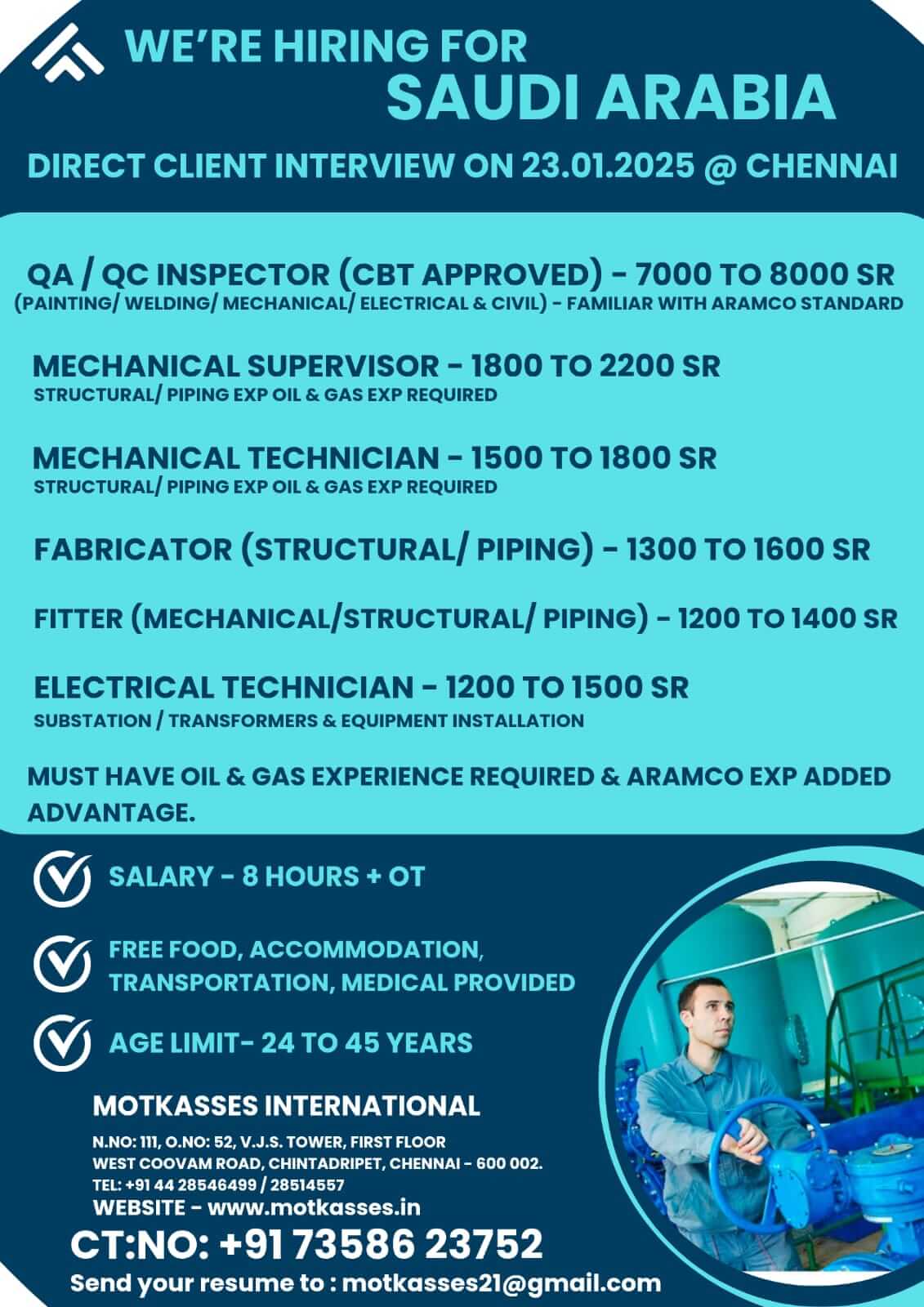 URGENT REQUIREMENT FOR SAUDI - CLIENT INTERVIEW ON 23/01/25 AT CHENNAI