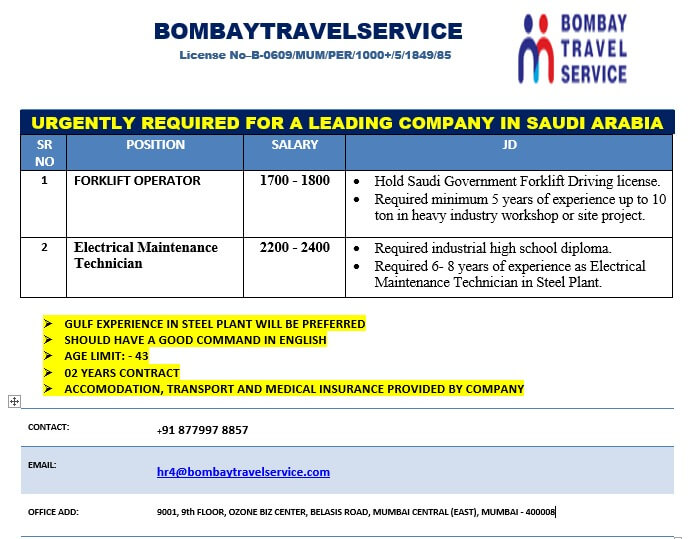 Urgently Hiring For Saudi Arabia