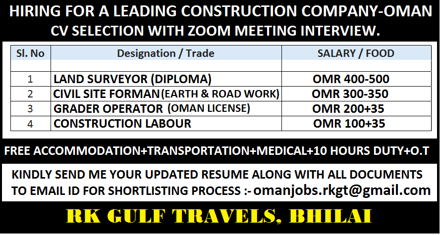 URGENTLY REQUIRED FOR A LEADING CONSTRUCTION COMPANY - OMAN.