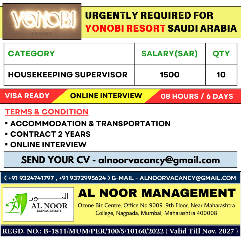 URGENTLY REQUIRED FOR YONOBI RESORT SAUDI ARABIA