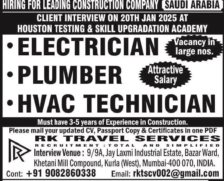 HIRING FOR LEADING CONSTRUCTION COMPANY IN SAUDI ARABIA