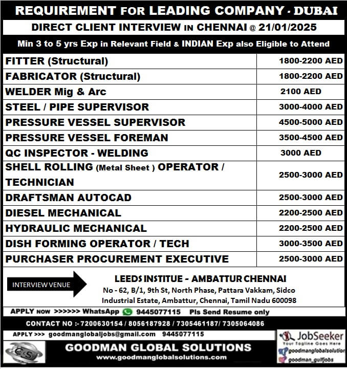 URGENT REQUIREMENT FOR LEADING COMPANY – ABUDHABI  DIRECT CLIENT INTERVEW IN CHENNAI @ 21 /01 / 2025  All candidates must have OIL & GAS or MARINE or SHIPYARD EXP 8 hrs Duty + OT accommodation transportation medical provided by company