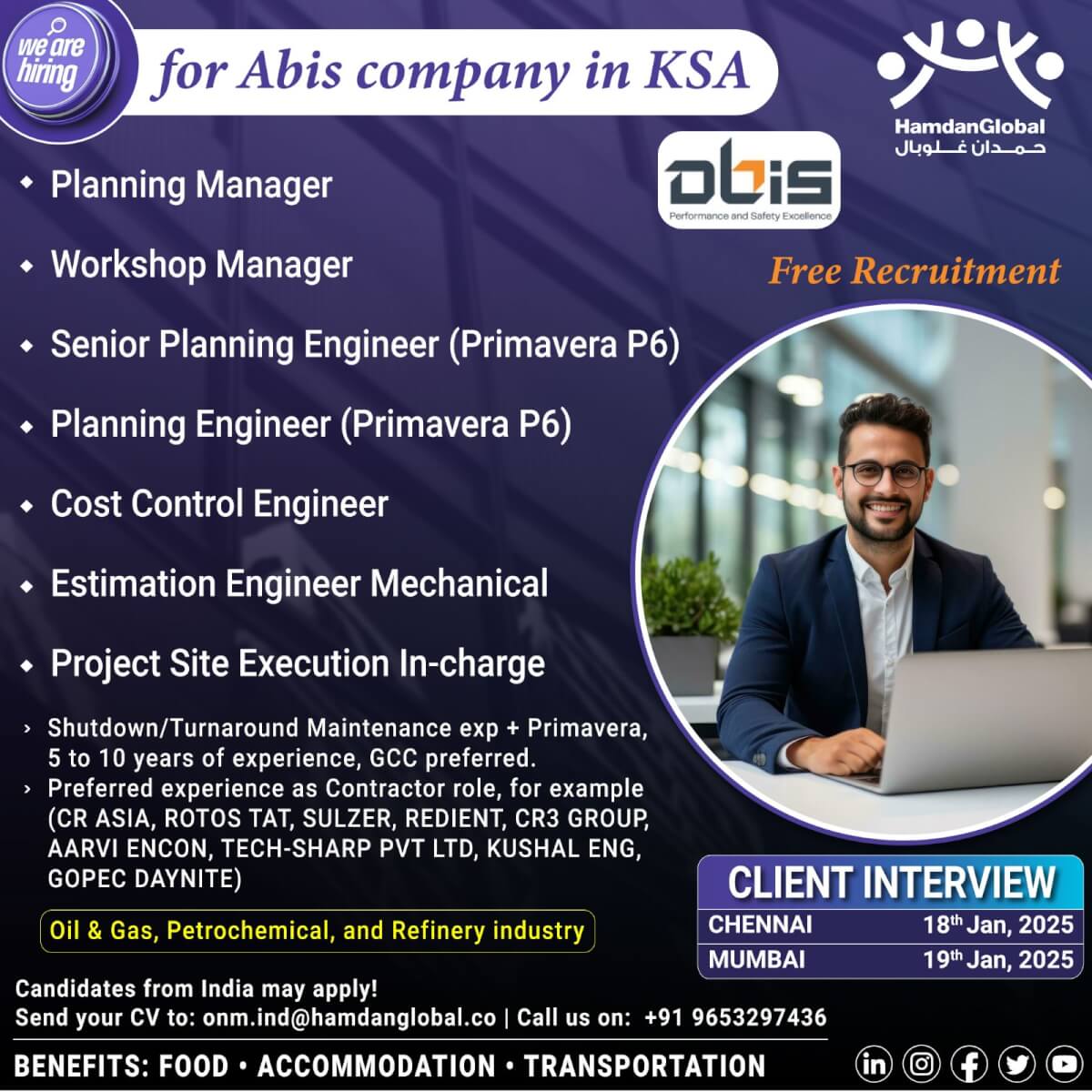 We are hiring for ABIS Company In KSA