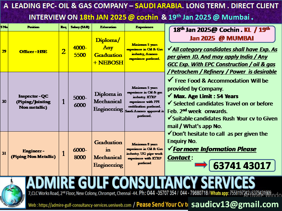 A  LEADING EPC- OIL & GAS COMPANY - SAUDI ARABIA -LONG TERM . DIRECT CLIENT INTERVIEW ON 18th JANUARY 2025 @ COCHIN & 19th JANUARY 2025 @ MUMBAI