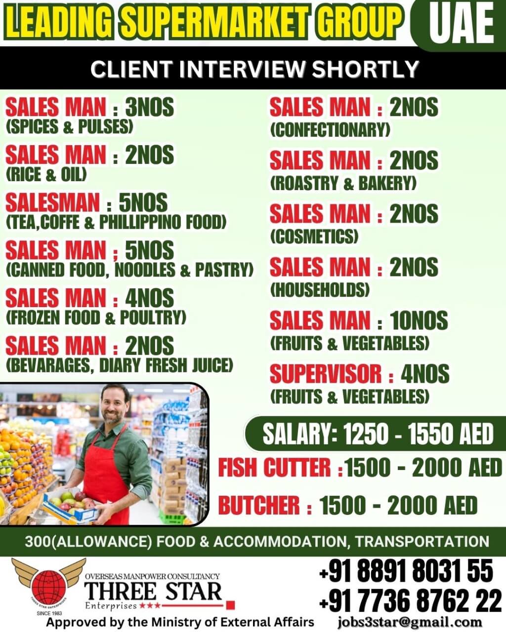 Urgent Hiring FOR LEADING SUPERMARKET GROUP UAE - Sales Man, Fish Cutter, Butcher