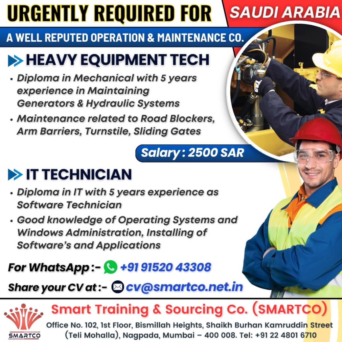 URGENTLY REQUIRED FOR - SAUDI ARABIA  A WELL-REPUTED OPERATION & MAINTENANCE CO.