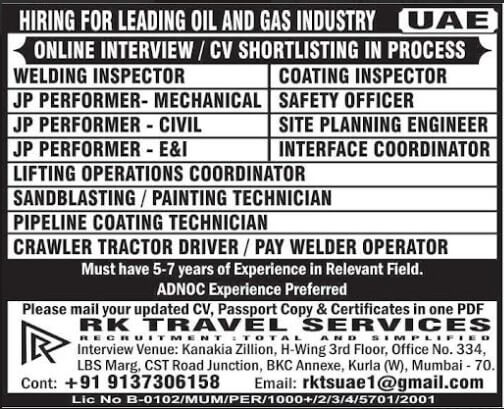 HIRING FOR LEADING OIL AND GAS INDUSTRY UAE