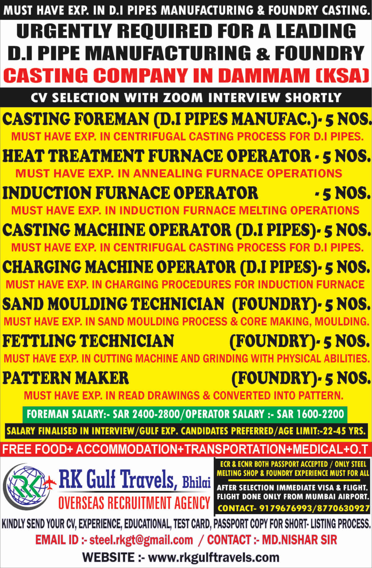 URGENTLY REQUIRED FOR AMIANTIT COMPANY – SAUDI ARABIA.