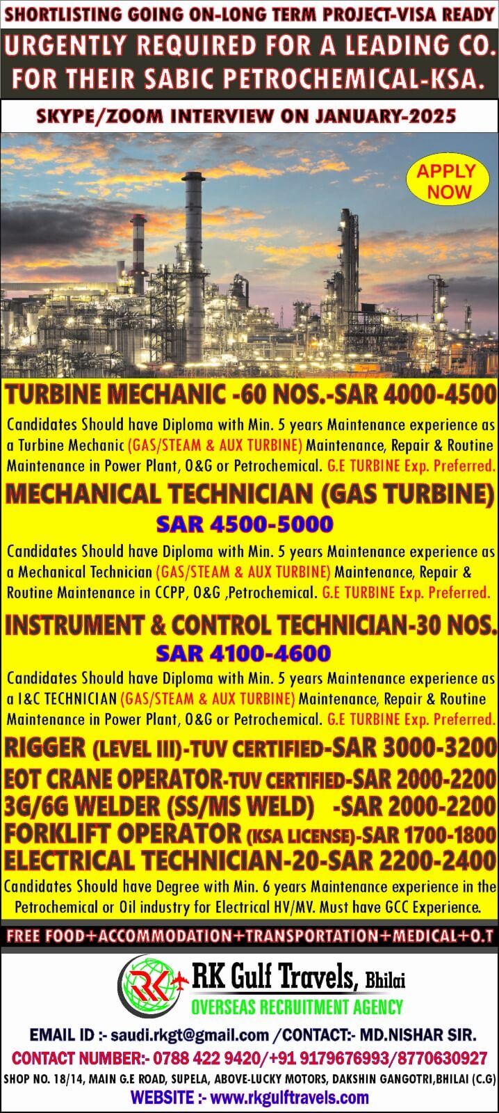 URGENTLY REQUIRED FOR SABIC MAINTENANCE PROJECT – SAUDI ARABIA.