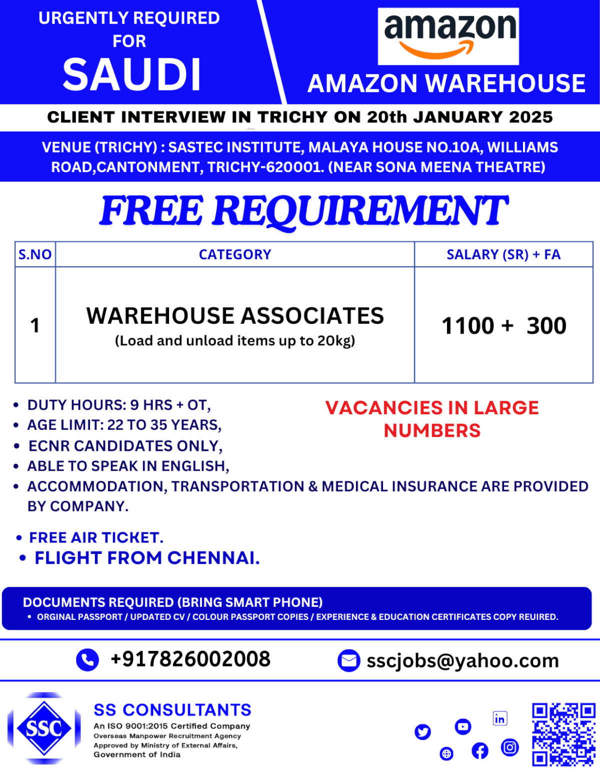 Urgent Hiring for Amazon Warehouse Jobs in Saudi – Walk-In Interview in Trichy on Jan 20 - Free Recruitment