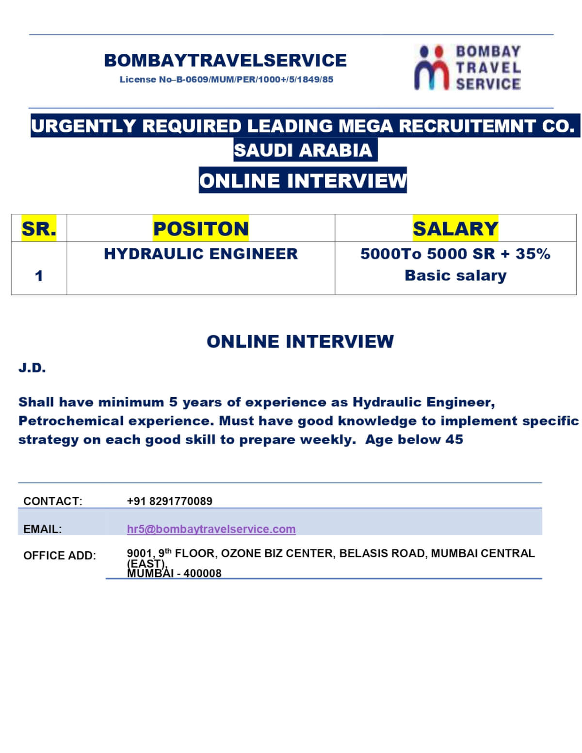 Urgently Hiring Hydraulic Engineer For Saudi Arabia