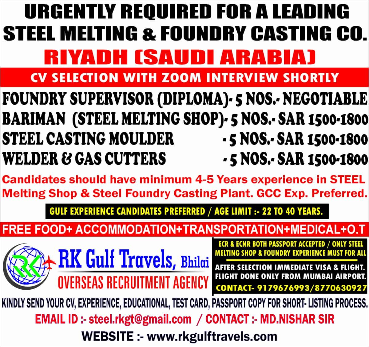 URGENTLY REQUIRED FOR STEEL MELTING & FOUNDRY CASTING – SAUDI ARABIA.