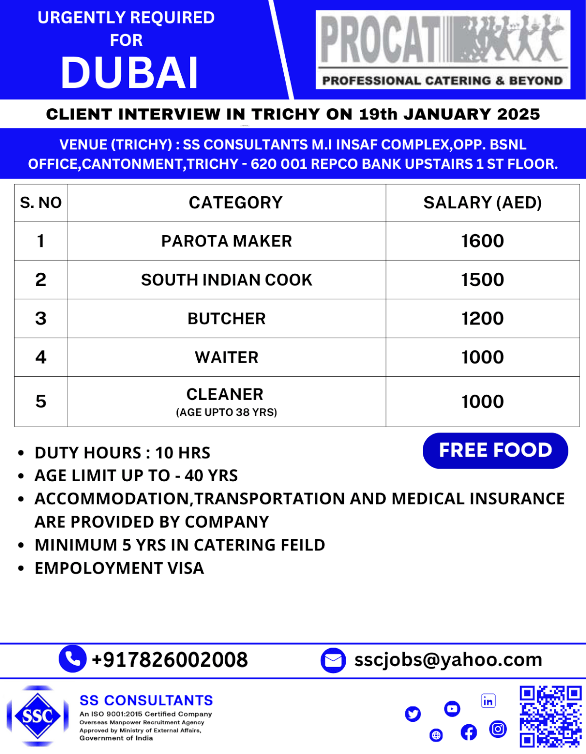 Urgent Catering Job Openings in Dubai - Parota Maker, South Indian Cook, Butcher, Waiter, Cleaner – Apply Now