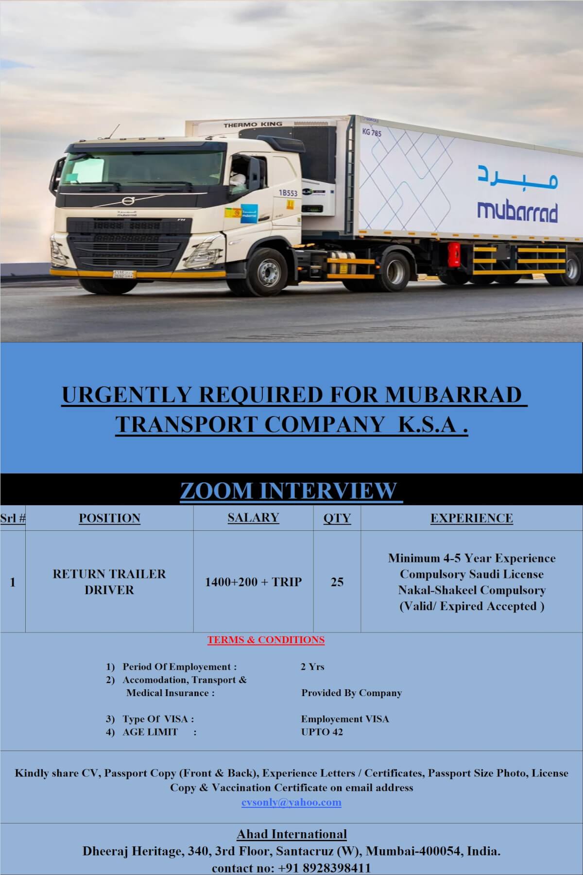 URGENTLY REQUIRED FOR AL MUBARRAD COMPANY RIYADH K.S.A.